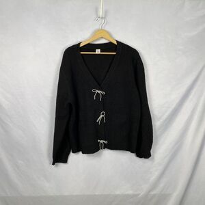 Like Love Rhinestone Bow Button V-Neck Cardigan Black